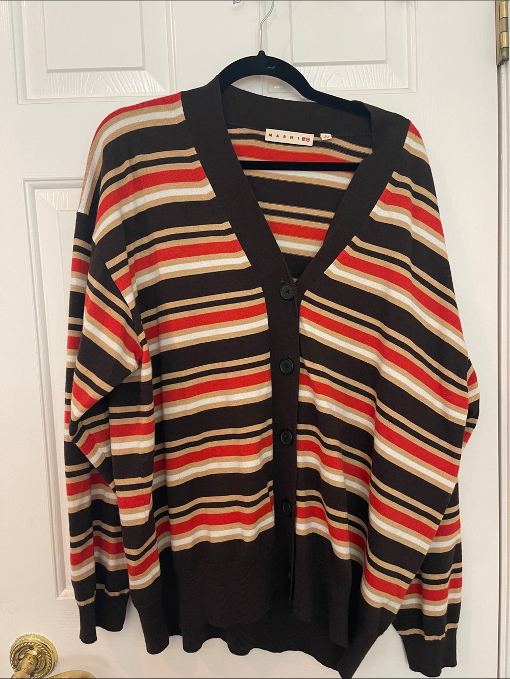 Marni Brown Red Cream Striped V-Neck Button Cardigan